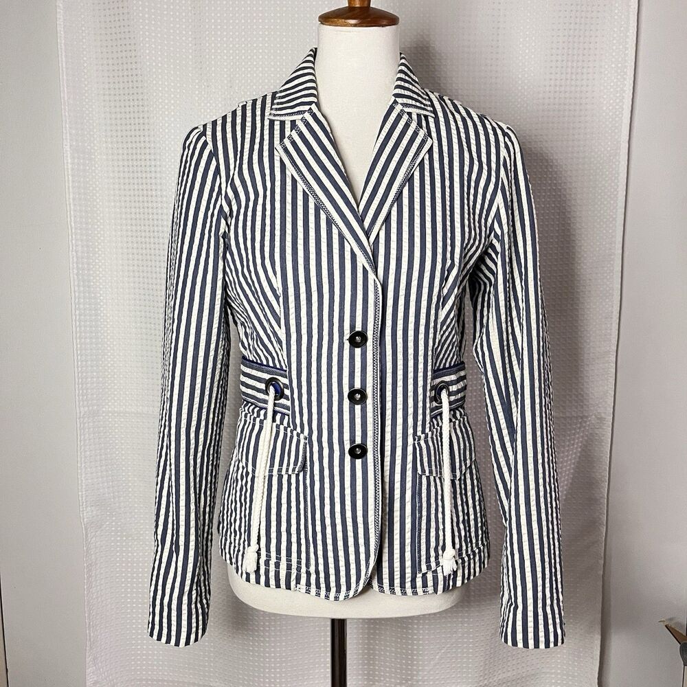 Coldwater Creek Women’s 6 Blue White Striped Cotton Blazer Jacket Casual
